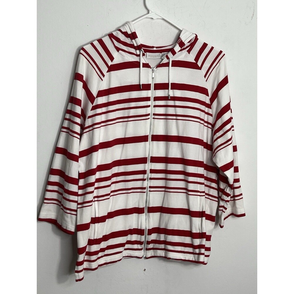 Chicos Weekends sz 3 Jacket Red Nautical Stripes Zip Front Knit Coat XL (11)